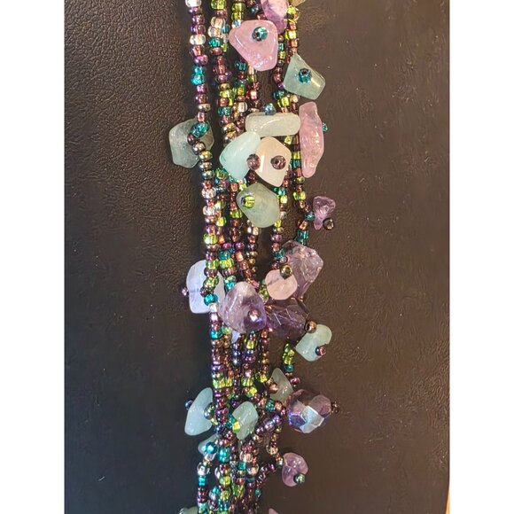 Fluorite & Amethyst Gemstone Multistrand Beaded Necklace w/ Magnetic Clasp - Picture 6 of 12